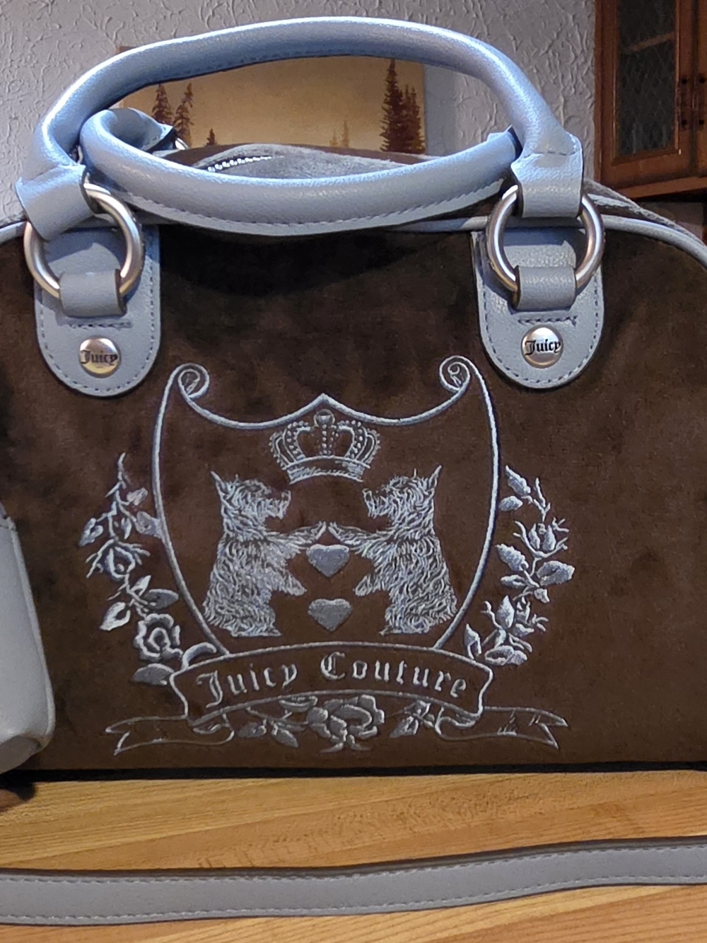 Juicy Couture Brown Suede Satchel with Light Blue Trim and Embroidered Crest